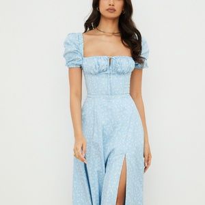 TALLULAH BLUE IVORY FLORAL PUFF SLEEVE MIDI DRESS Size L+